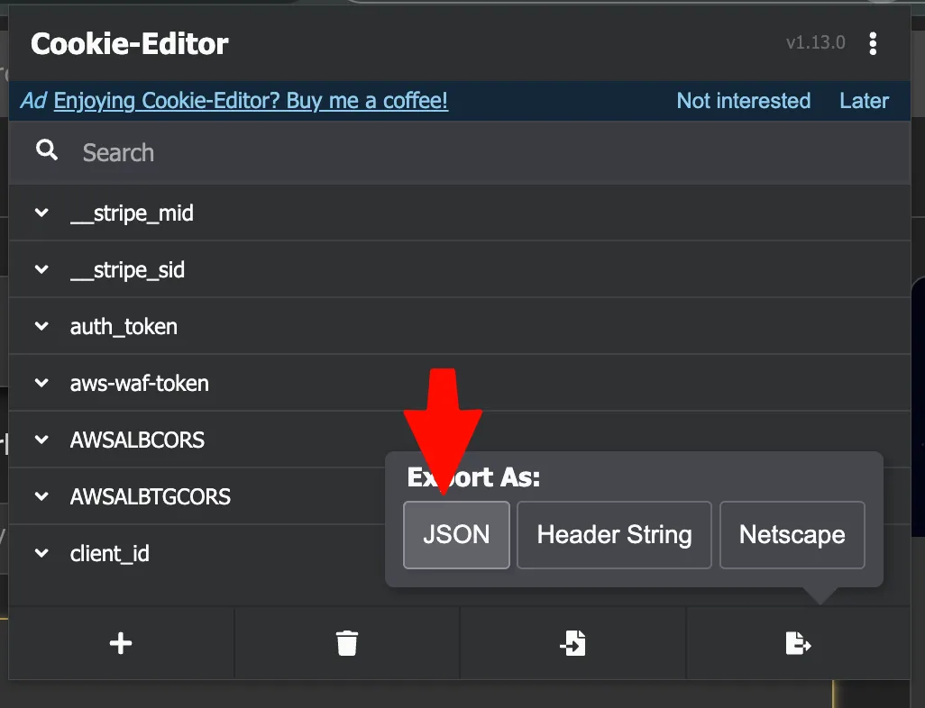 Cookie-Editor menu with Export → JSON option