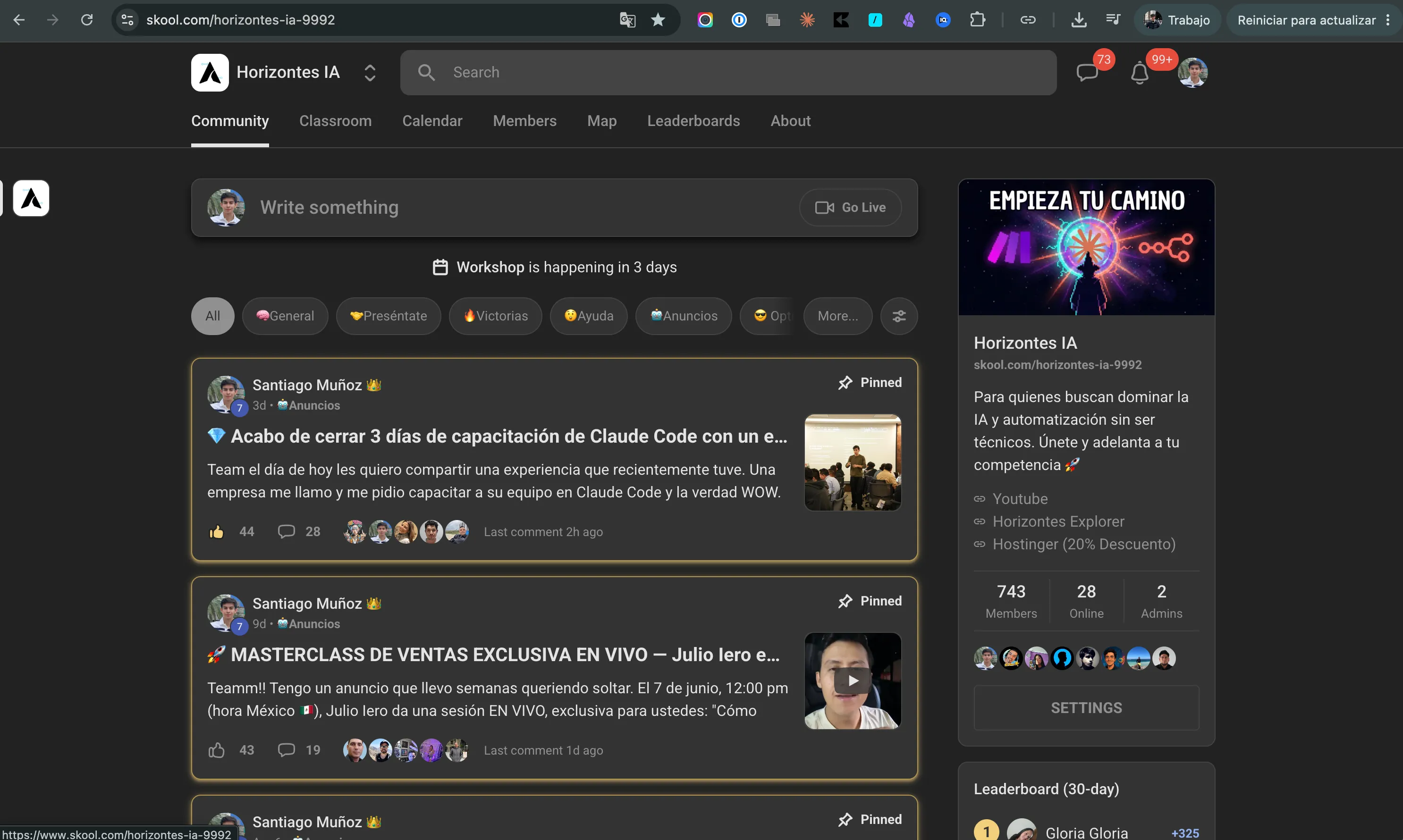 View of a Skool community with the user logged in