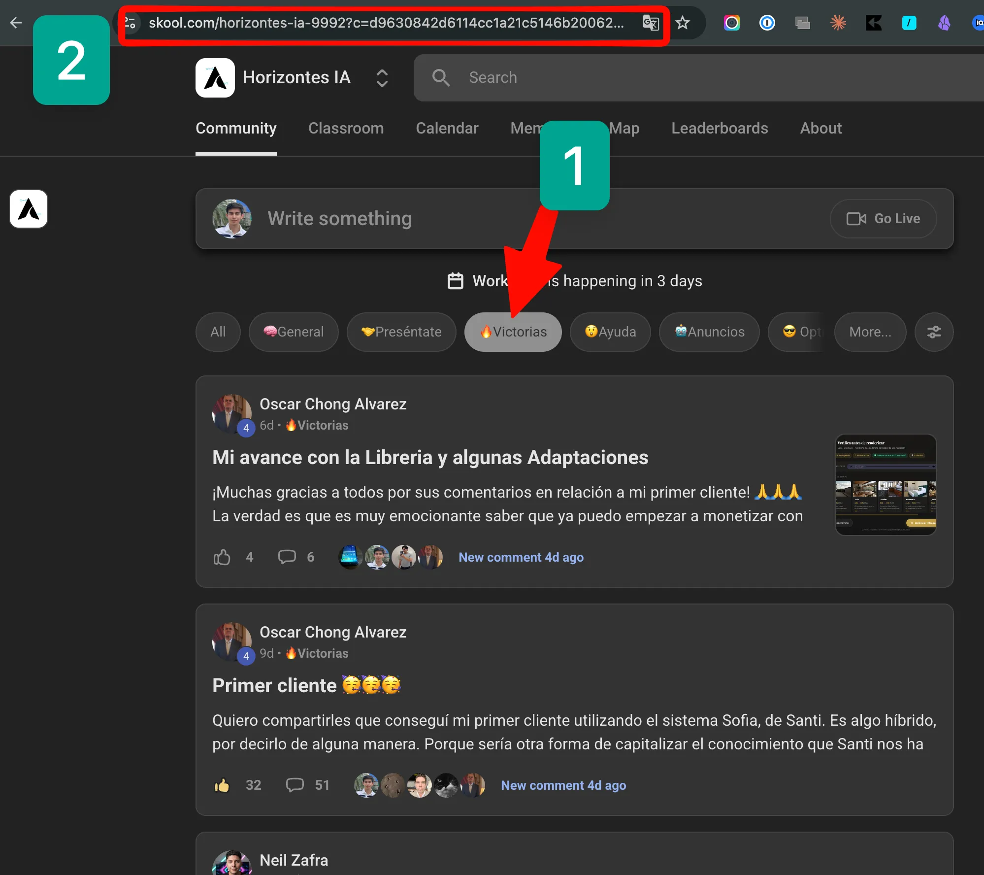 Skool category URL with the ?c= filter highlighted